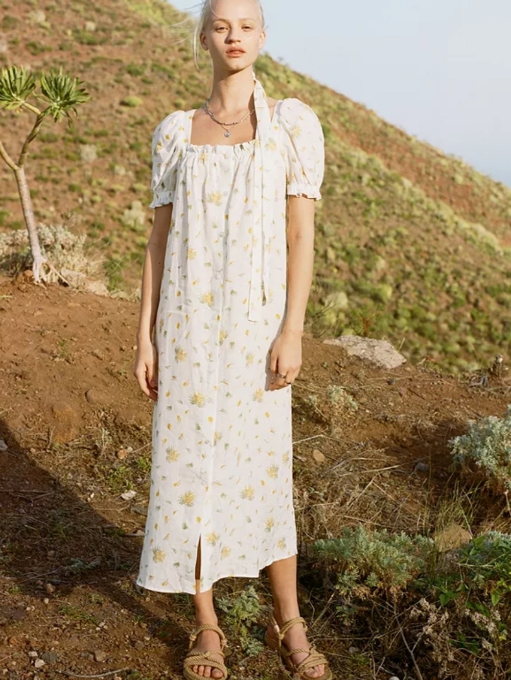 Sleeper Brigitte Linen Midi Dress Mimosa Floral XS Puff Sleeve Square Neck